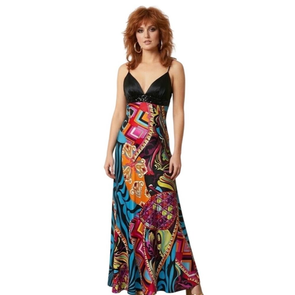 Black & Multi-Color Geometric Print Maxi Dress